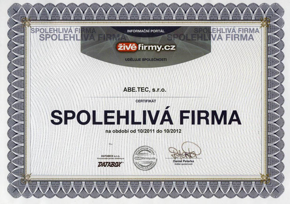 Certifikát Spolehlivá firma