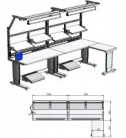 Pracovní stoly řady WB s nastavitelnými policemi, kabelovým kanálem, osvětlením, držákem na monitor a podpěrou pro nohy.